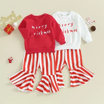 Fata Copil nou-născut de Crăciun Seturi de Îmbrăcăminte Scrisoare de Imprimare O-neck Maneca Lunga Bluze+Dungi Pantaloni Flare Utilaje