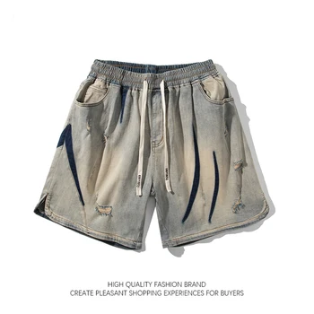 American Retro Dungi Pantaloni Unisex Streetwear Epocă Spălat Split Denim Codrin Vara High Street Contrast De Culoare Nișă Pantaloni Scurți