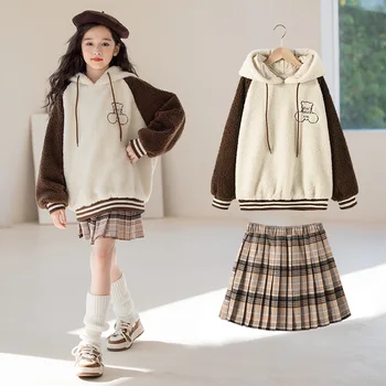 Coreea Toamnă Iarnă Fată Copiilor de Sus Și de Jos Set Junior Fată Îngroșa Plus Catifea Tricou+Fusta Plisata Seturi Pentru Fete