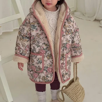 Îmbrăcăminte Coreeană Copii Haine Iarna Fete Noi Haina Coreean Floare De Bumbac Haine Capac 2023 Cald Imprimare Miel Cașmir