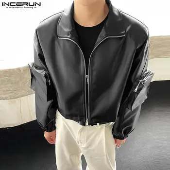 2023 Bărbați Jachete de Piele PU Fermoar Rever Maneca Lunga Buzunare Haine Barbati Streetwear Solid Stilul Punk de Moda Jachete INCERUN S-5XL