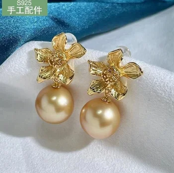 Superb și imens AAA 10-11mm rotund Marea Chinei de Sud aur cercei cu perle în 925s