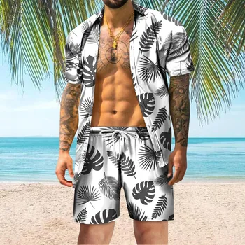 Bărbați Seturi Hawaiian Leaf Print Short Sleeve Shirt, Cu Pantaloni Scurți De Plajă Cardiagn Vara 2 Seturi De Piese Beachwear Tinutele De Vacanta Ti Se Potriveste
