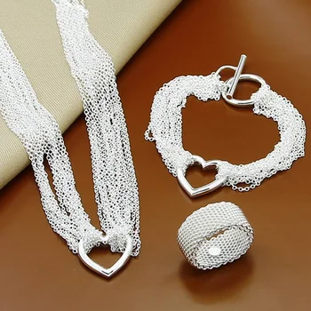 Argint 925 Seturi de Bijuterii lanț Inima Colier Bratara Set Inele Pentru Femei de Nunta Originale cadouri de designer