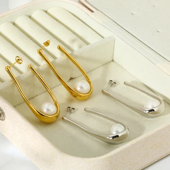 Minimalist 16K Placat cu Aur din Oțel Inoxidabil Rotunde Imitație de Perle în Formă de U, Stud Cercel pentru Femei Impermeabil Declarație Stud Cadou